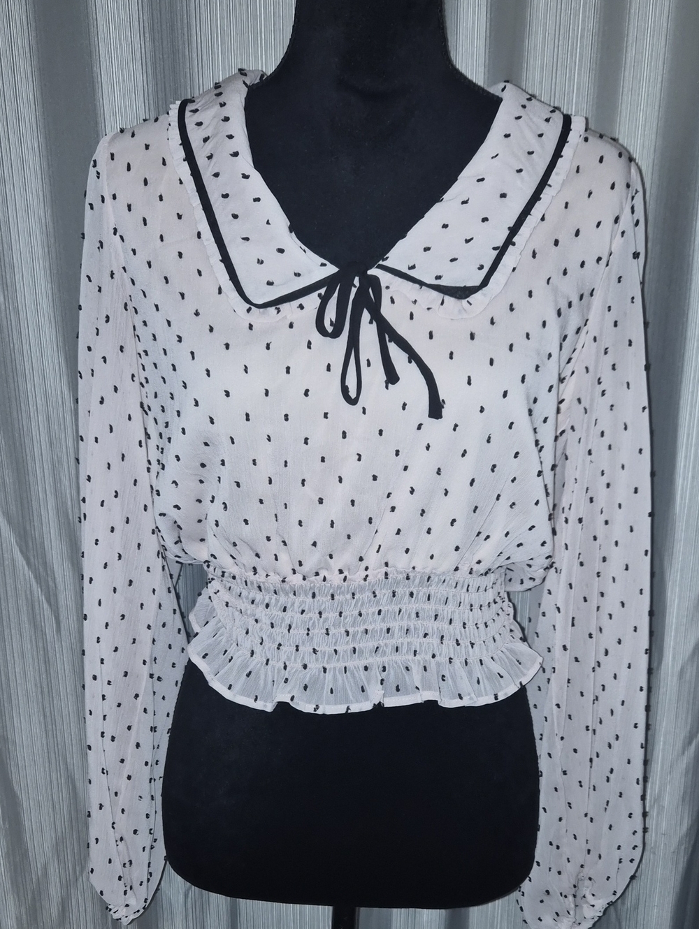 Women's White Polka Dot Long-Sleeve Smocked Waist Top